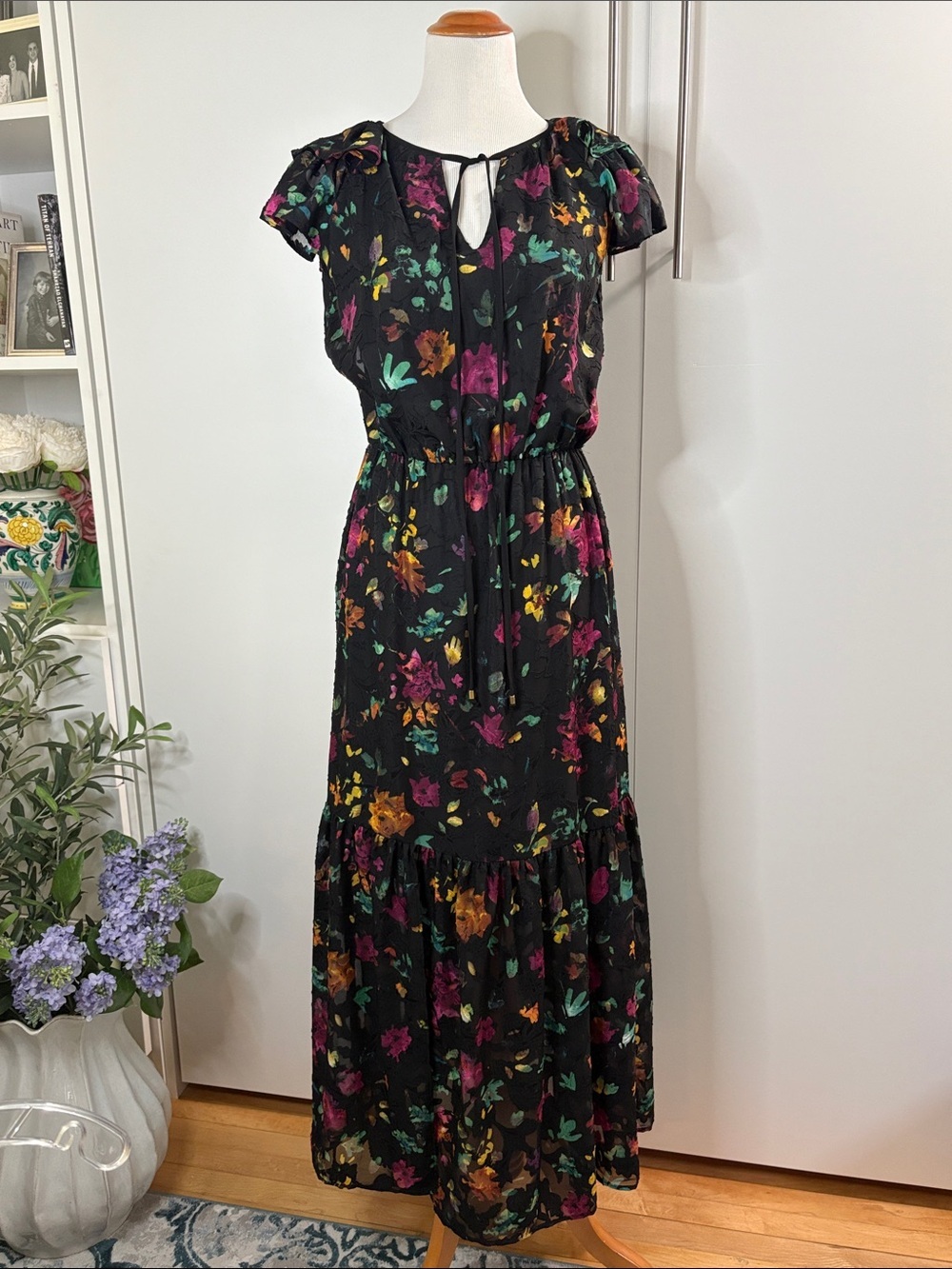 ECI Black Floral Maxi Dress with Pink, Yellow & Teal Accents S